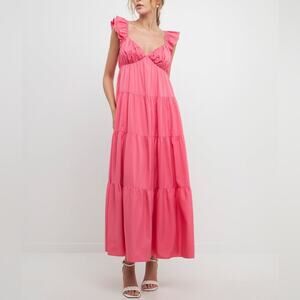 Free The Roses Ruffle Sleeve Tiered Maxi Dress Pink Size Small